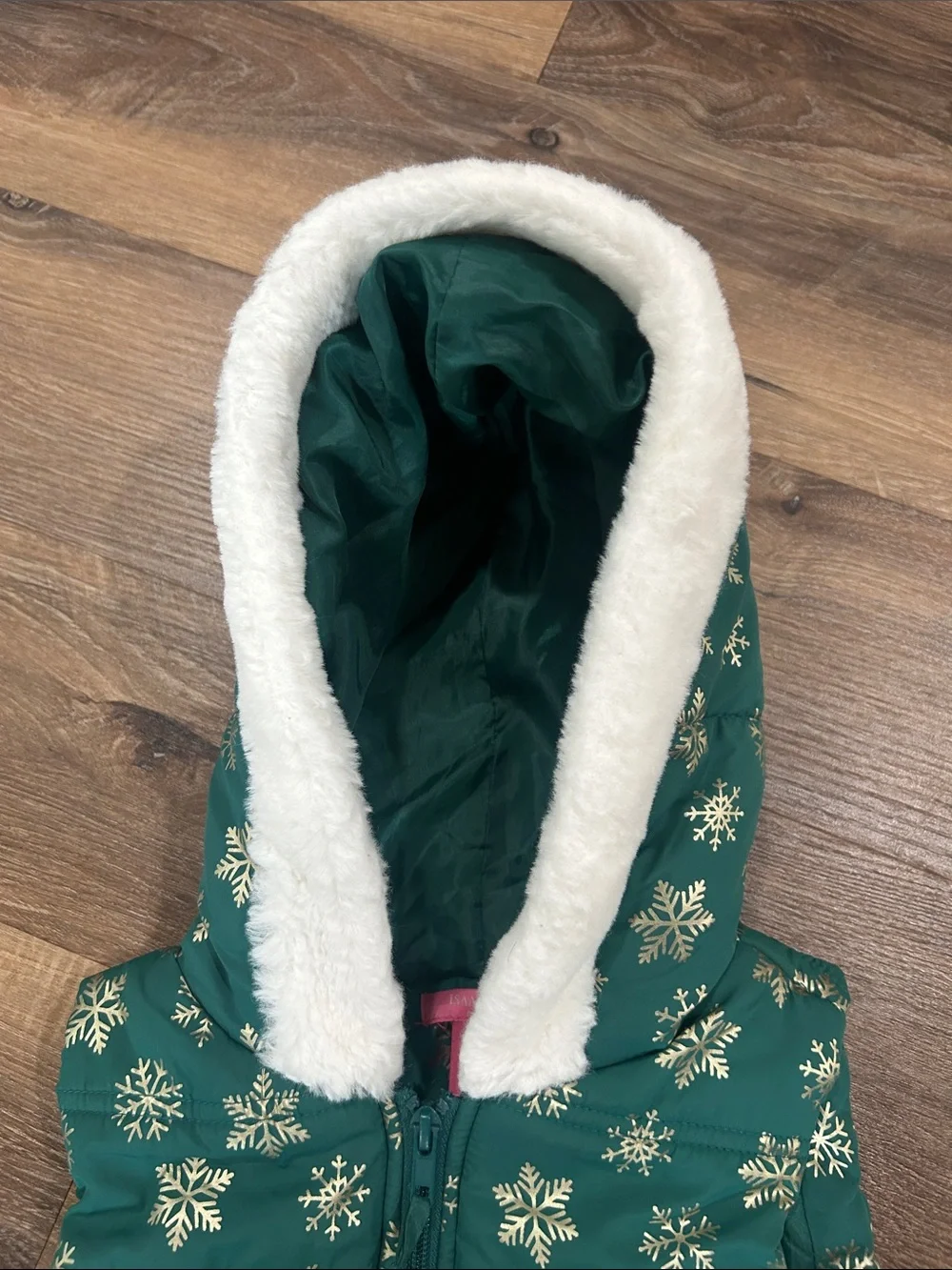 Isaac Mizrahi Girls Puffer Vest Size X-Small (4) Green Snowflake Hooded Faux Fur